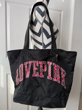 PINK Victoria's Secret Black Tote with Red Plaid LOVE PINK Logo